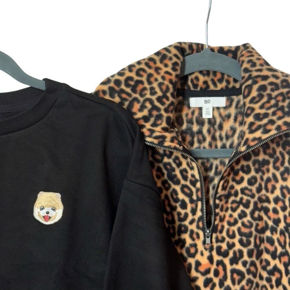 New Nordstrom Bundle Leopard Fleece& Doggy Crop Sweatshirt XS Black Tan - Picture 4 of 10